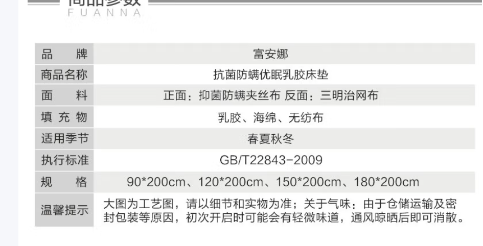 FUANNA/富安娜 橡筋款温馨立体超柔保护床垫 150*200 白色 面料100%聚酯纤维 填充物100%聚酯1500g 单位:件