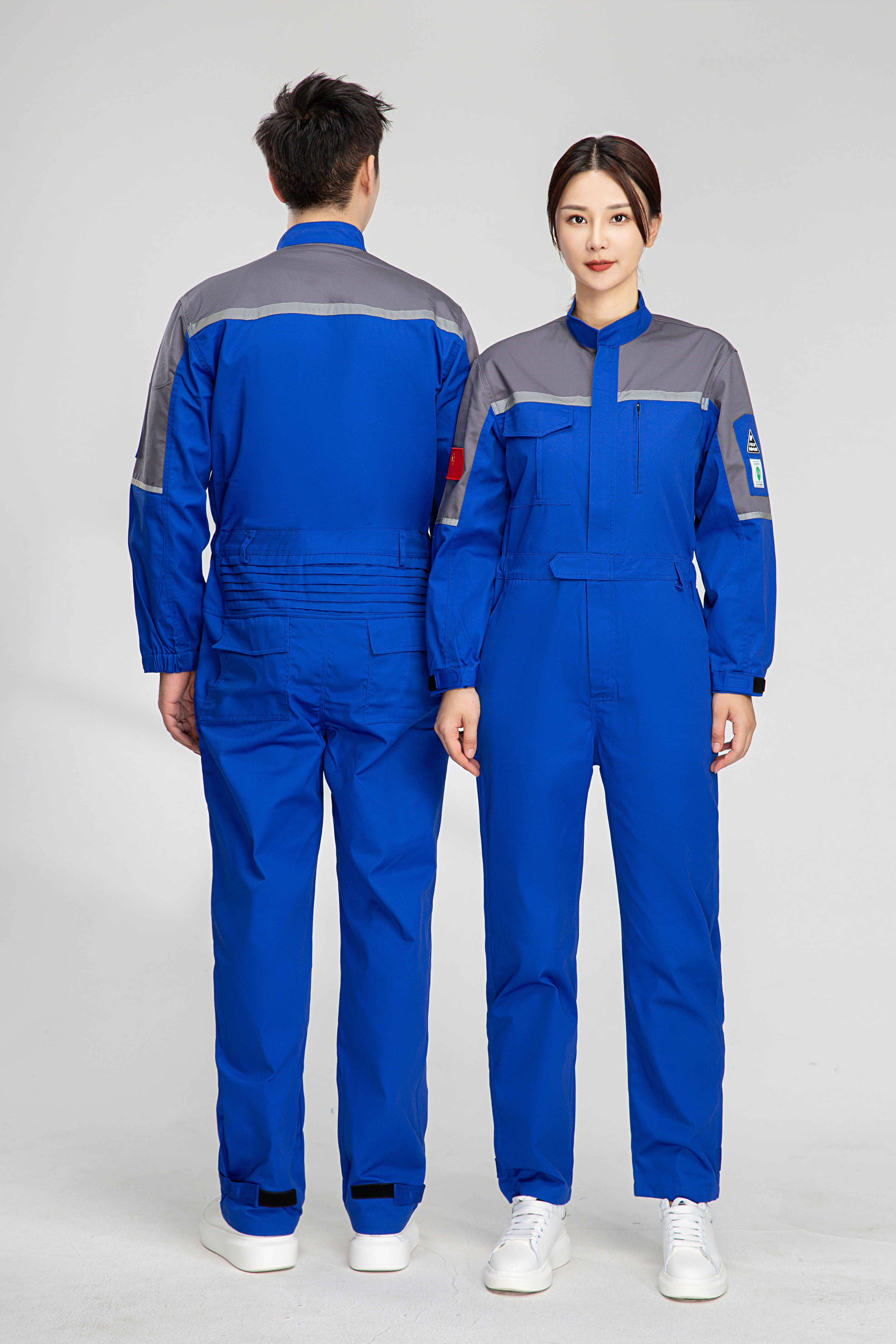 HY/海源 连体工作服 拼色防静电连体服   涤棉网格防静电纱卡80/20 艳蓝拼灰 码数：3XL 单位:套