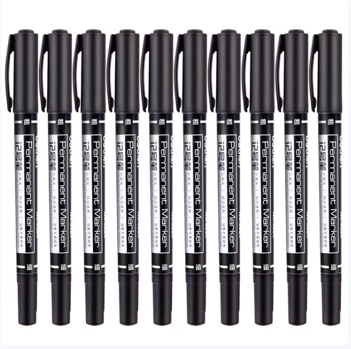 DELI/得力 小双头记号笔 6824 黑色 笔身长度：140mm 细头：0.5mm粗头：1.0mm 单位:支